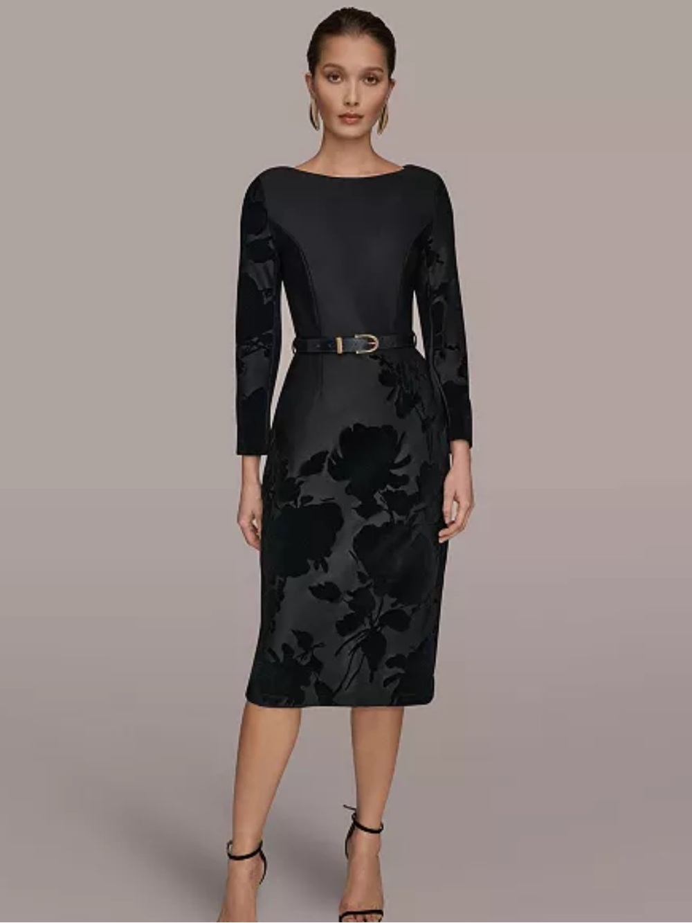 Donna Karan New York Women's Embossed Boat Neck Dress Size 8 Velvet Gold Buttons